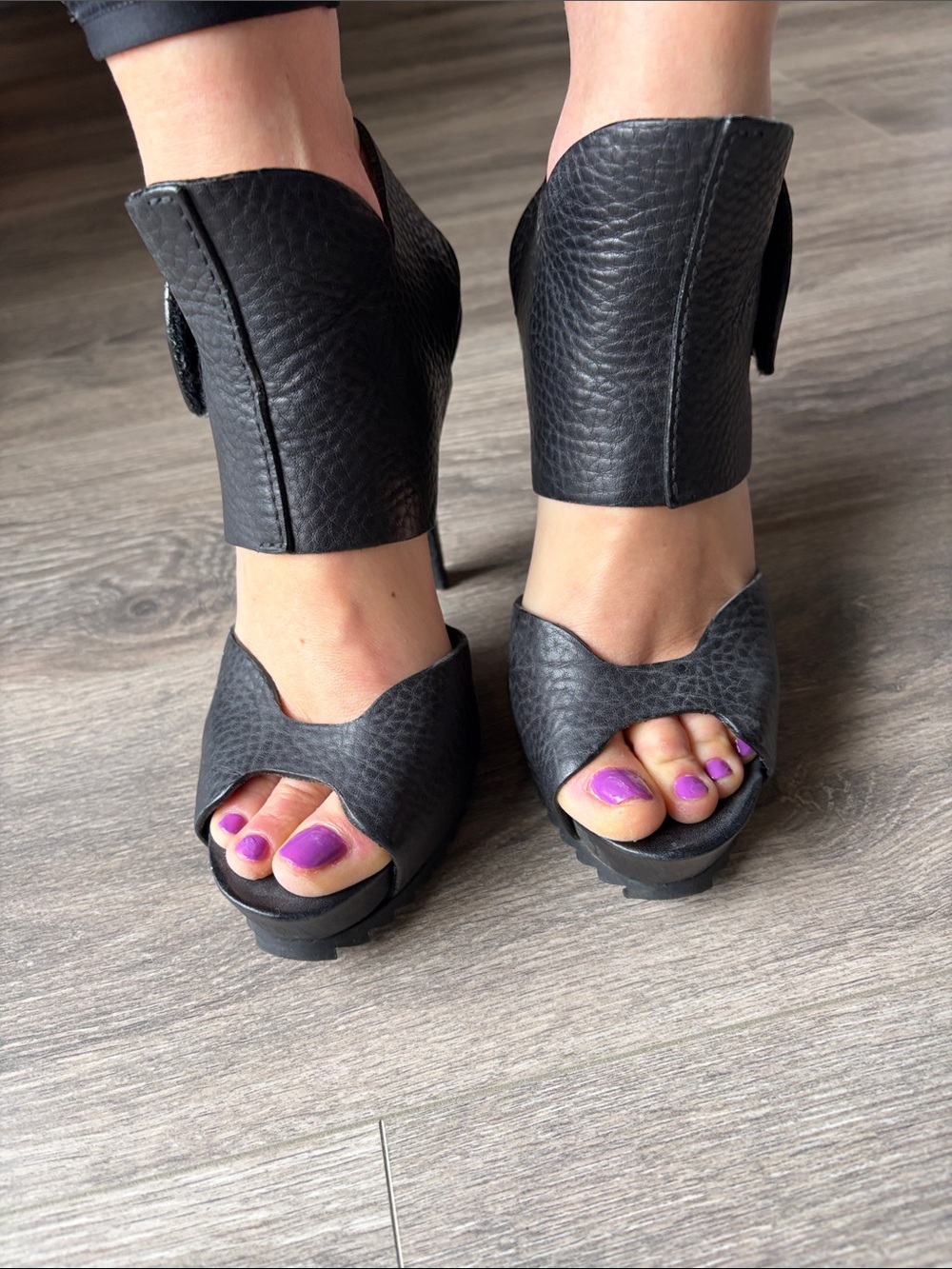 Pedro Garcia Black Textured Leather Open-Toe Ankle Cuff Heels
